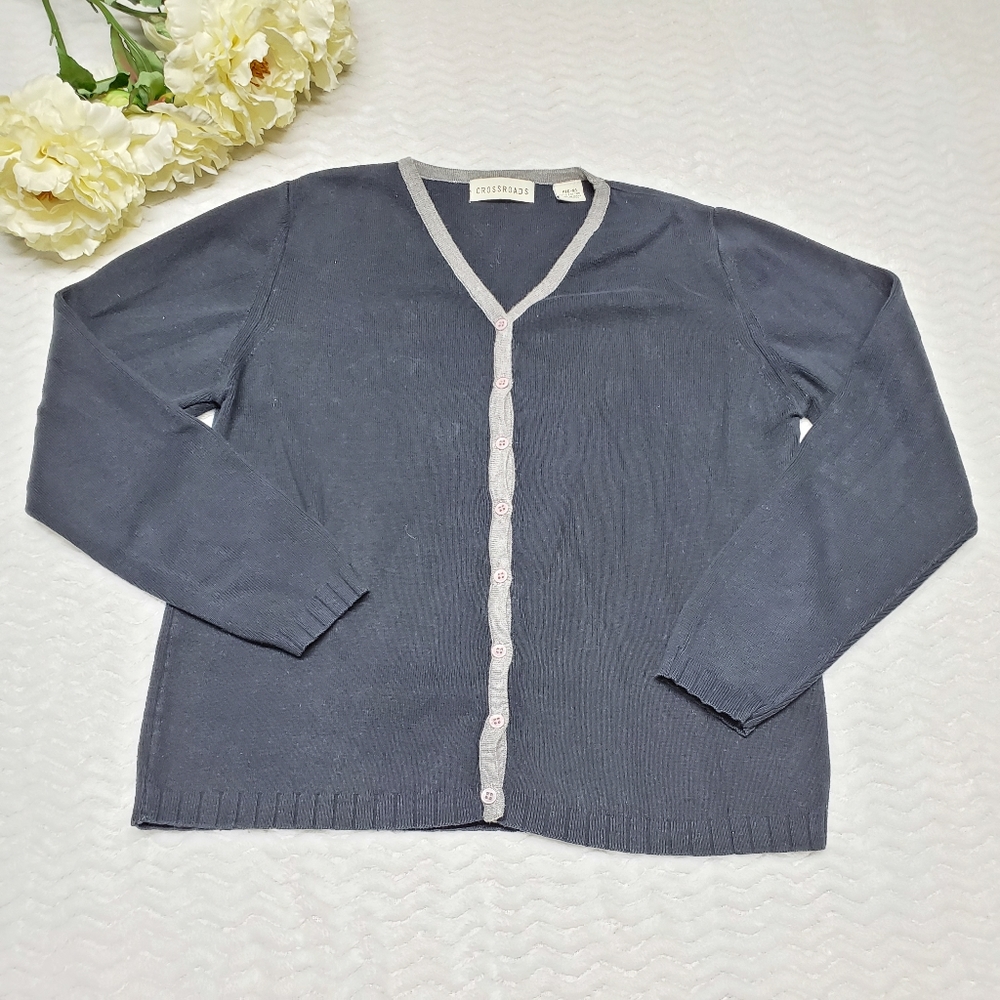 Crossroads Womans Cardigan Sweater S 6-8 BLACK GREY BUTTON UP LONG SLEEVE